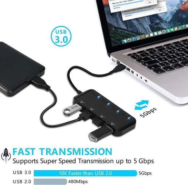 Alt view image 3 of 7 - 4 Port Powered USB 3.0 Hub Splitter, Ultra Slim USB Data Hub with Individual Power Switches and LEDs, for MacBook Air, Laptop, iMac,PC, USB Flash Drives, Hard Drive (Black)
