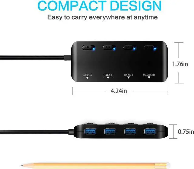 Alt view image 5 of 7 - 4 Port Powered USB 3.0 Hub Splitter, Ultra Slim USB Data Hub with Individual Power Switches and LEDs, for MacBook Air, Laptop, iMac,PC, USB Flash Drives, Hard Drive (Black)