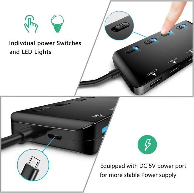 Alt view image 4 of 7 - 4 Port Powered USB 3.0 Hub Splitter, Ultra Slim USB Data Hub with Individual Power Switches and LEDs, for MacBook Air, Laptop, iMac,PC, USB Flash Drives, Hard Drive (Black)