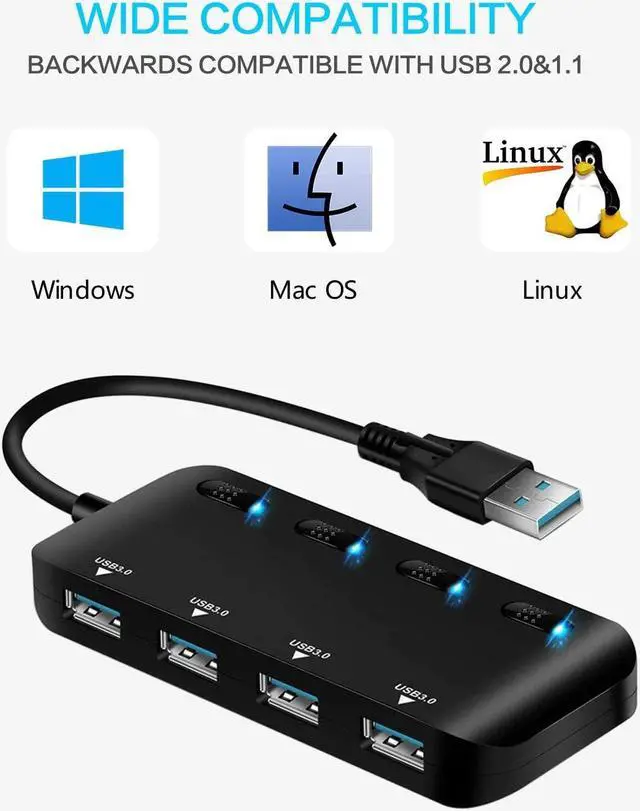 Alt view image 6 of 7 - 4 Port Powered USB 3.0 Hub Splitter, Ultra Slim USB Data Hub with Individual Power Switches and LEDs, for MacBook Air, Laptop, iMac,PC, USB Flash Drives, Hard Drive (Black)