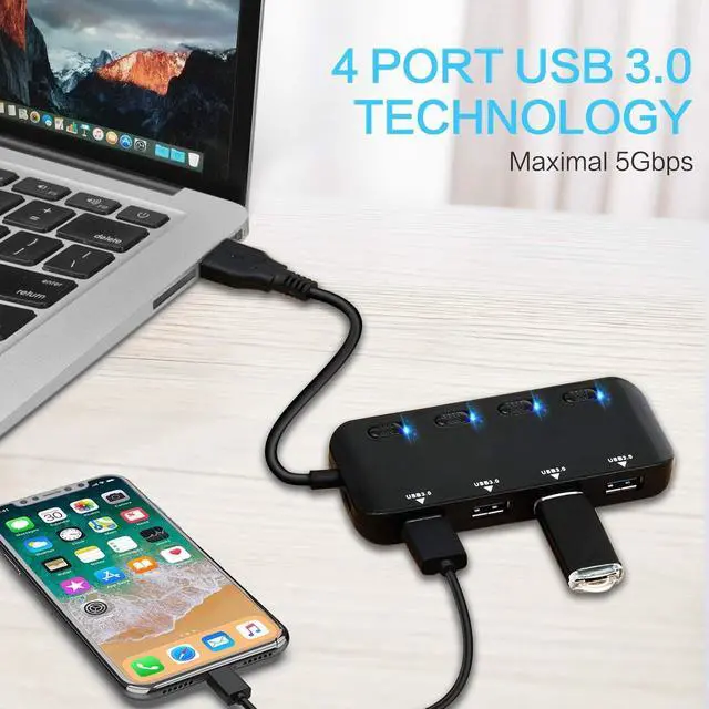 Alt view image 7 of 7 - 4 Port Powered USB 3.0 Hub Splitter, Ultra Slim USB Data Hub with Individual Power Switches and LEDs, for MacBook Air, Laptop, iMac,PC, USB Flash Drives, Hard Drive (Black)