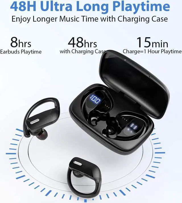Alt view image 3 of 6 - Ture Wireless Earbuds, TWS Bluetooth Headphones 48H Play Back Earphones TWS Deep Bass in Ear Waterproof with Microphone LED Display for Sports Black