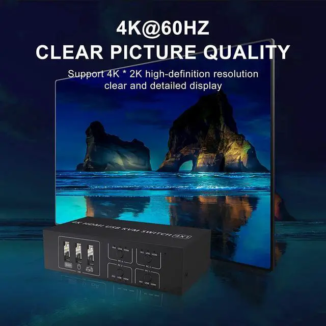 Alt view image 4 of 7 - HDMI KVM Switch 4 Port HDMI,4 in 1 Out KVM Switch 4 Computers Share Keyboard Mouse Printer Monitor Support HUD 4K@60Hz for Laptop,PC,Xbox HDTV, with 4* USB Cable,1* Switch Button&Cable,1* Power Cable