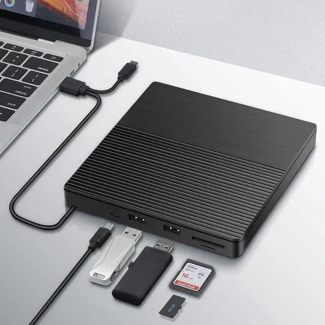 Main image of 5-in-1 External CD DVD Drive, Type C & USB 3.0 Portable CD/Dvd +/-Rw Burner Player Reader Rewriter with SD TF Card Reader & USB-Stick Port for Laptop, Desktop, Mac, IOS, Windows 10/8/7/XP/Linux