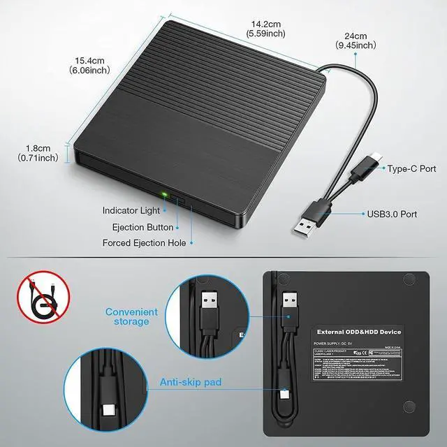 Alt view image 6 of 6 - 5-in-1 External CD DVD Drive, Type C & USB 3.0 Portable CD/Dvd +/-Rw Burner Player Reader Rewriter with SD TF Card Reader & USB-Stick Port for Laptop, Desktop, Mac, IOS, Windows 10/8/7/XP/Linux