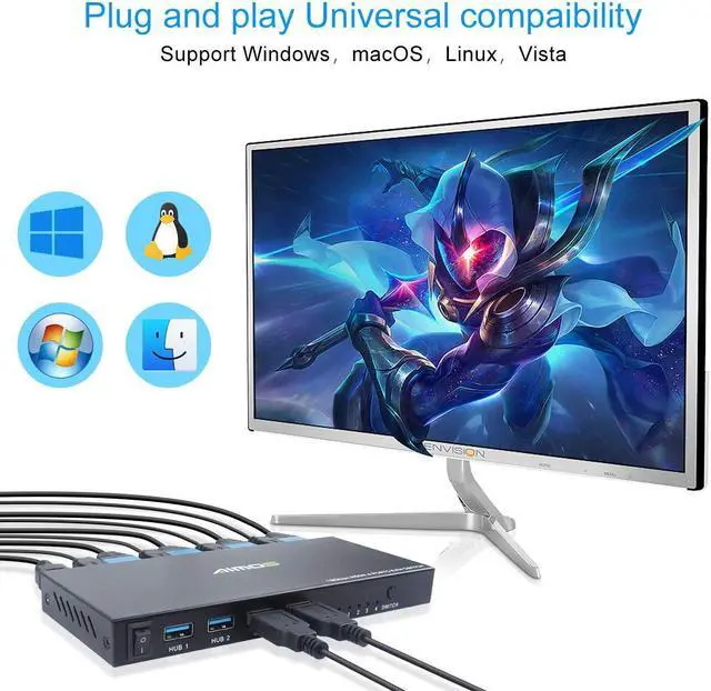Alt view image 6 of 7 - KVM Switch HDMI 4K @60Hz 4 Port Box, USB Switch with 4 USB 2.0 Hubs, 4 in 1 Out HDMI KVM Switch Support Wireless Keyboard and Mouse and hotkey Switching, No Power Require