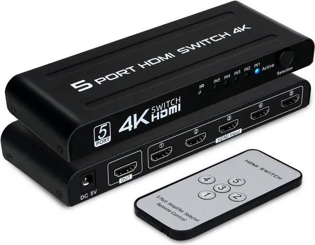 Main image of HDMI Switch 5 in 1 Out, 5 Port HDMI Switcher Selector Box with IR Remote Control & Auto Switch, Support 4K @30Hz, HDR, HDCP, 3D, 1080P for HDTV PS3 PS4 Xbox Projector Blu-ray Player (Black) 8iop
