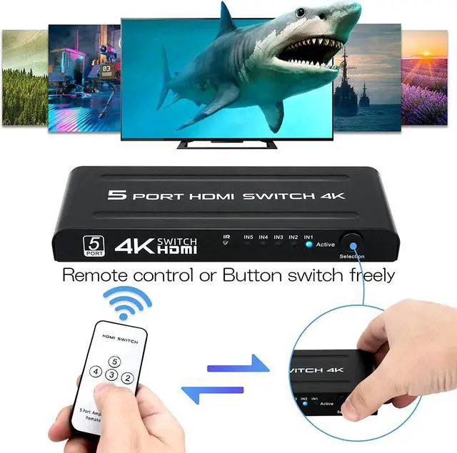 Alt view image 4 of 7 - HDMI Switch 5 in 1 Out, 5 Port HDMI Switcher Selector Box with IR Remote Control & Auto Switch, Support 4K @30Hz, HDR, HDCP, 3D, 1080P for HDTV PS3 PS4 Xbox Projector Blu-ray Player (Black) 8iop