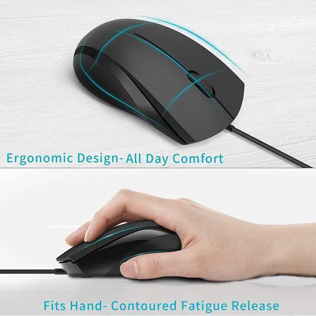 Alt view image 2 of 7 - Silent USB Wired Mouse, 1000 DPI 5ft Cord Quiet Button Optical Computer Mouse, Left Right Hand Use, for Laptop Chromebook MacOS Notebook, Matte Black