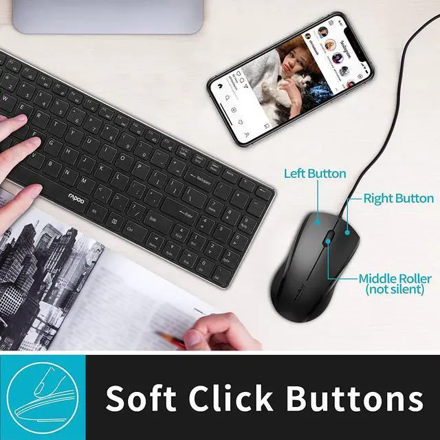 Alt view image 7 of 7 - Silent USB Wired Mouse, 1000 DPI 5ft Cord Quiet Button Optical Computer Mouse, Left Right Hand Use, for Laptop Chromebook MacOS Notebook, Matte Black