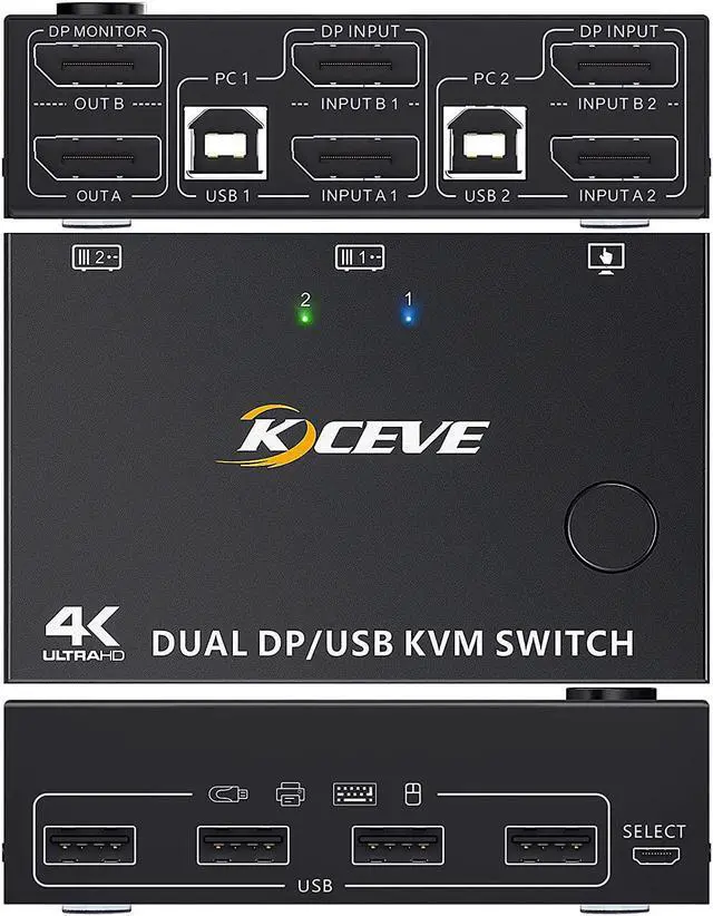 Alt view image 2 of 7 - 2 Port Dual Monitor Displayport KVM Switch 2 Computer 2 Monitors, Two Monitors Displayport USB DP KVM Dual Monitor Switcher 2 in 2 Out, Supports 4K @60Hz for 2 PCs sharing keyboard, mouse and monitor