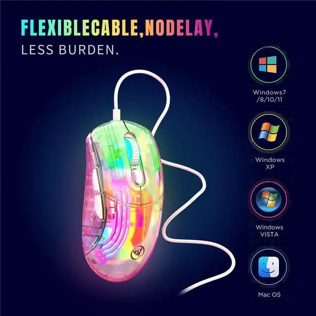Alt view image 4 of 7 - Transparent Gaming Mouse, USB Wired Computer Mice with 13 RGB Light Modes, 6 Levels of Adjustable DPl [up to 1280 dpi], PC Gaming Mice Electronic Competition Office Mouse for Windows/Mac iOS