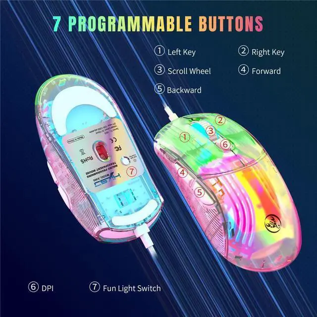 Alt view image 6 of 7 - Transparent Gaming Mouse, USB Wired Computer Mice with 13 RGB Light Modes, 6 Levels of Adjustable DPl [up to 1280 dpi], PC Gaming Mice Electronic Competition Office Mouse for Windows/Mac iOS