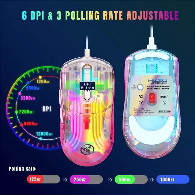 Alt view image 5 of 7 - Transparent Gaming Mouse, USB Wired Computer Mice with 13 RGB Light Modes, 6 Levels of Adjustable DPl [up to 1280 dpi], PC Gaming Mice Electronic Competition Office Mouse for Windows/Mac iOS