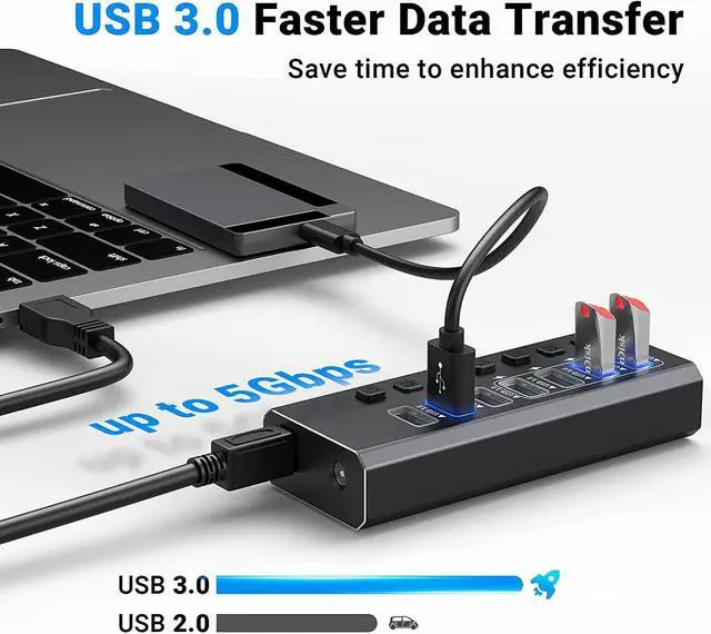 Alt view image 3 of 6 - USB Hub 3.0 Powered, 7-Port Powered USB 3.0 Hub with Individual Switches & 12V Power Adapter & 39'' Long Cable USB Expander Hub Splitter for Mac-Book Air Pro,Mac Mini,i-Mac All Laptops Desktops
