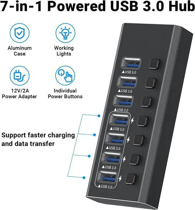 Alt view image 2 of 6 - USB Hub 3.0 Powered, 7-Port Powered USB 3.0 Hub with Individual Switches & 12V Power Adapter & 39'' Long Cable USB Expander Hub Splitter for Mac-Book Air Pro,Mac Mini,i-Mac All Laptops Desktops