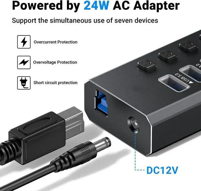 Alt view image 5 of 6 - USB Hub 3.0 Powered, 7-Port Powered USB 3.0 Hub with Individual Switches & 12V Power Adapter & 39'' Long Cable USB Expander Hub Splitter for Mac-Book Air Pro,Mac Mini,i-Mac All Laptops Desktops
