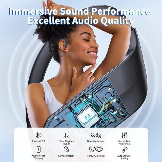 Alt view image 2 of 7 - True Wireless Earbuds, Bluetooth Headphones Stereo Sound Ear Buds with HD Microphone 120H Playtime with Dual LED Charging Case, IPX7 Waterproof Over Ear Earphones with Earhooks for Sport/Work/Phone