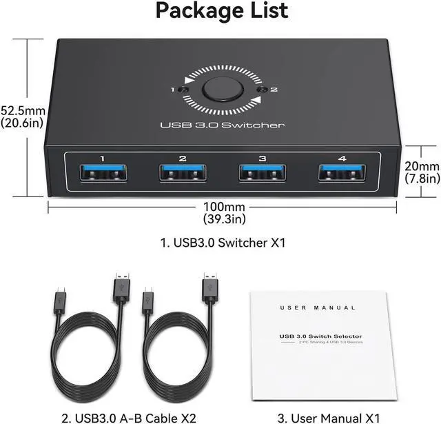 Alt view image 7 of 7 - USB 3.0 Switcher Selector for 2 Computers Share 4 USB 3.0 Devices 1x 3.5mm Audio USB KVM Switcher for Keyboard Mouse Printer Scanner Hard Drivers Headsets (USB 3.0, Black)