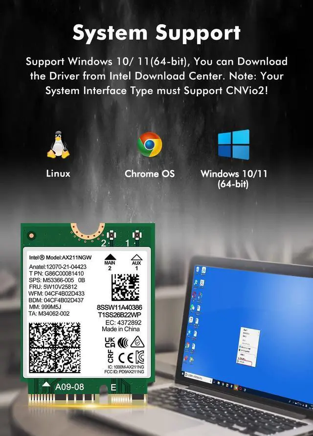 Alt view image 6 of 7 - WiFi 6E Wireless Card Intel AX211 NGW M.2: CNVio2, Bluetooth 5.3, Tri-Band 5400Mbps, Network Adapter for Laptop Support Windows 10/11 (64bit), Linux, Chrome OS. Only Available with Gen Intel 12+ CPU
