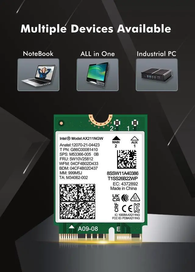 Alt view image 4 of 7 - WiFi 6E Wireless Card Intel AX211 NGW M.2: CNVio2, Bluetooth 5.3, Tri-Band 5400Mbps, Network Adapter for Laptop Support Windows 10/11 (64bit), Linux, Chrome OS. Only Available with Gen Intel 12+ CPU