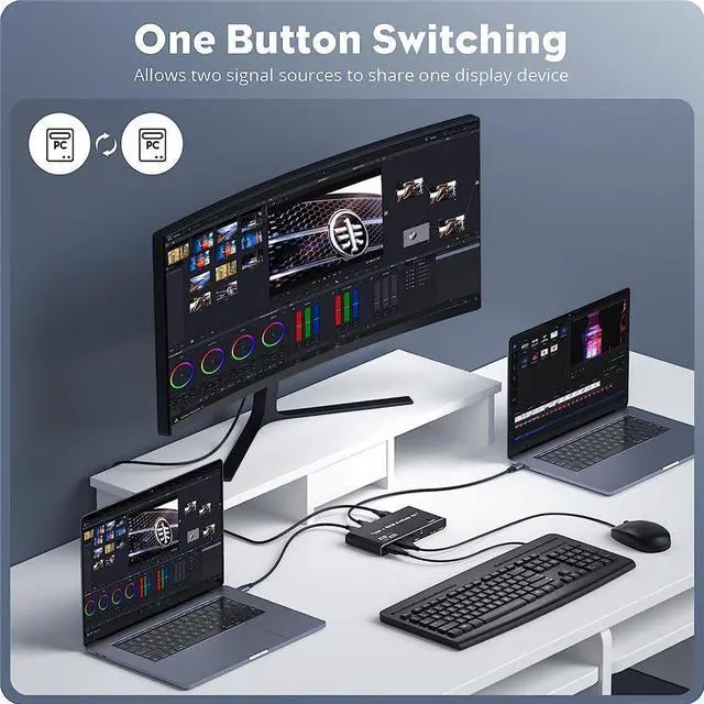 Alt view image 3 of 7 - 2x1 USB C KVM Switch 8K @60Hz, 2 Port Type C KVM Switch for 2 Computers Share 1 Monitor, 2 Type C in HDMI + DP Out, USB C KVM Switch with 3 USB 2.0 Ports & 100W Power Delivery, 2 USB-C Cables Included