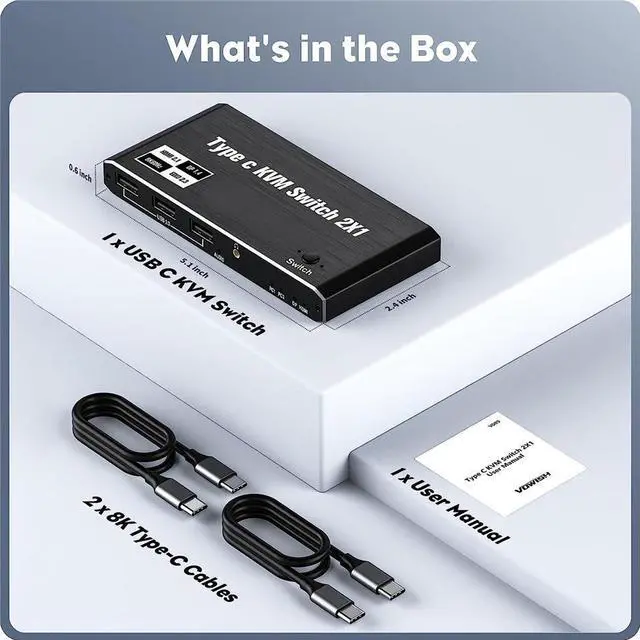 Alt view image 7 of 7 - 2x1 USB C KVM Switch 8K @60Hz, 2 Port Type C KVM Switch for 2 Computers Share 1 Monitor, 2 Type C in HDMI + DP Out, USB C KVM Switch with 3 USB 2.0 Ports & 100W Power Delivery, 2 USB-C Cables Included