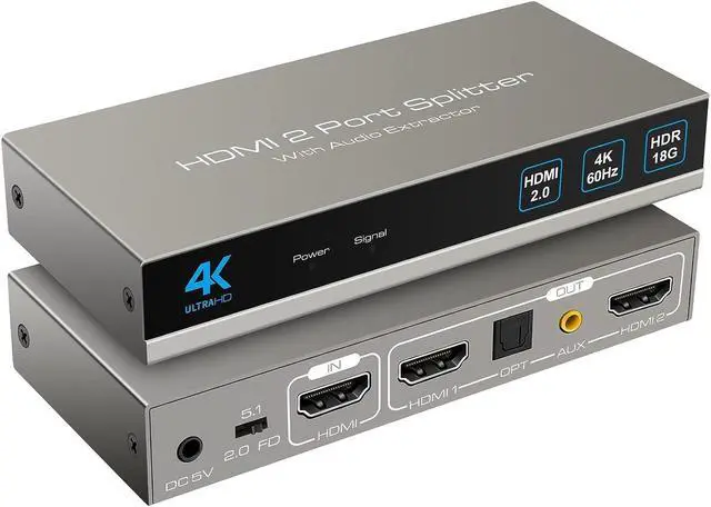 Main image of HDMI Splitter Audio Extractor 1 in 2 out 4K 60Hz HDMI Dual Monitor Adapter with Optical Toslink SPDIF+3.5mm Audio out for Dual Monitors Duplicate/Mirror only Supports Auto Downscaling HDCP2.3 HDMI 2.0