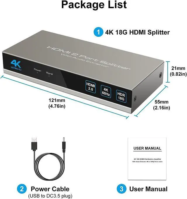 Alt view image 7 of 7 - HDMI Splitter Audio Extractor 1 in 2 out 4K 60Hz HDMI Dual Monitor Adapter with Optical Toslink SPDIF+3.5mm Audio out for Dual Monitors Duplicate/Mirror only Supports Auto Downscaling HDCP2.3 HDMI 2.0