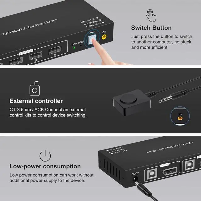 Alt view image 4 of 7 - 2 Port Displayport KVM Switch 4K @60Hz, USB 2.0 DP 1.2 DP KVM Switches for 2 PC 1 Monitor Switch, DP KVM Switch 2 in 1 Out Support Wire-Desktop Controller Including 2 USB 2.0 Cable