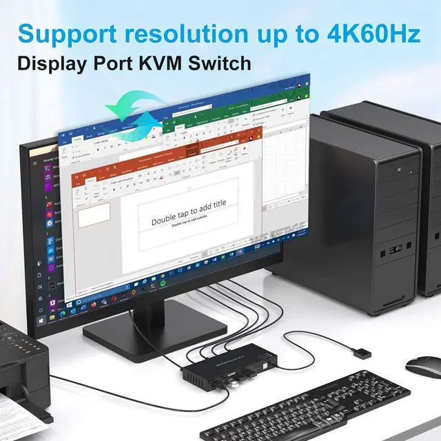 Alt view image 3 of 7 - 2 Port Displayport KVM Switch 4K @60Hz, USB 2.0 DP 1.2 DP KVM Switches for 2 PC 1 Monitor Switch, DP KVM Switch 2 in 1 Out Support Wire-Desktop Controller Including 2 USB 2.0 Cable