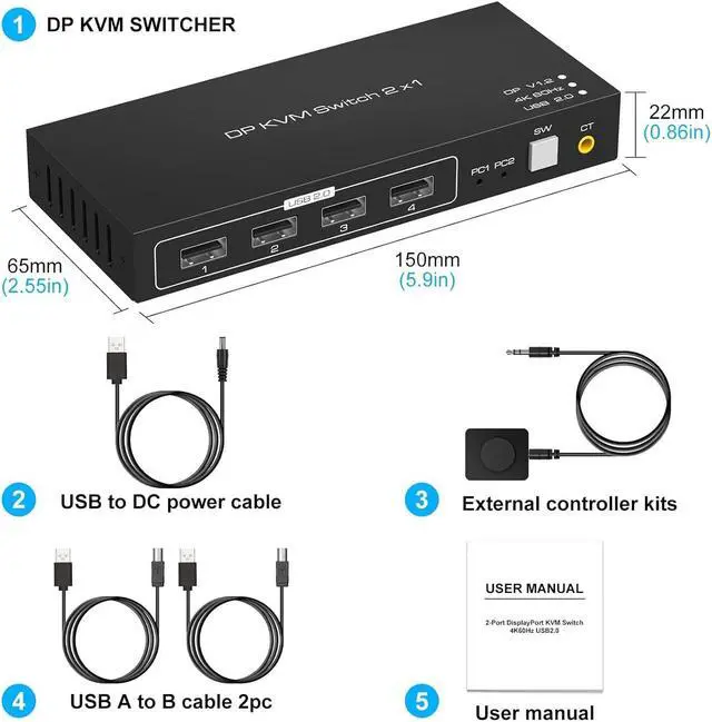 Alt view image 7 of 7 - 2 Port Displayport KVM Switch 4K @60Hz, USB 2.0 DP 1.2 DP KVM Switches for 2 PC 1 Monitor Switch, DP KVM Switch 2 in 1 Out Support Wire-Desktop Controller Including 2 USB 2.0 Cable