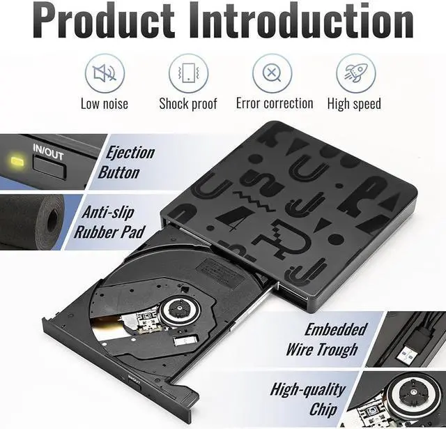 Alt view image 3 of 7 - External CD/DVD Drive, Portable USB 3.0 Type C External Optical CD DVD Drive for PC, CD/DVD+/-R/RW Disc Player Burner Reader, CD to Digital Converter, Support WindowsXP/Vista/7/8/10/11, Mac OS, Linux