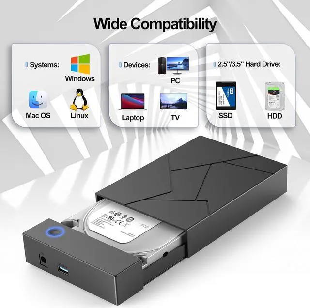 Alt view image 7 of 7 - Hard Drive Enclosure 3.5, External Hard Drive Enclosure 3.5 HDD Enclosure Reader, USB 3.0 to 2.5 3.5 Inch SATA SSD HDD up to 8TB Multi Hard Drive Case with 12V Power Adapter Supply UASP Laptop