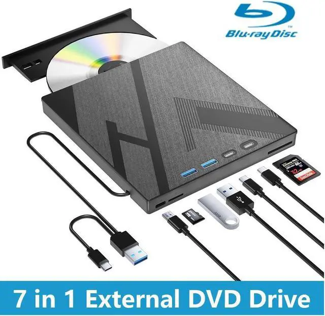 Main image of 7 in 1 External Blu-ray Drive, USB 3.0 Type-C Optical External Blueray/DVD Drive Burner with SD/TF Port, Support 100G Bluray Disc R/W for PC Compatible with Windows XP/7/8/10/11 Mac Laptop Desktop