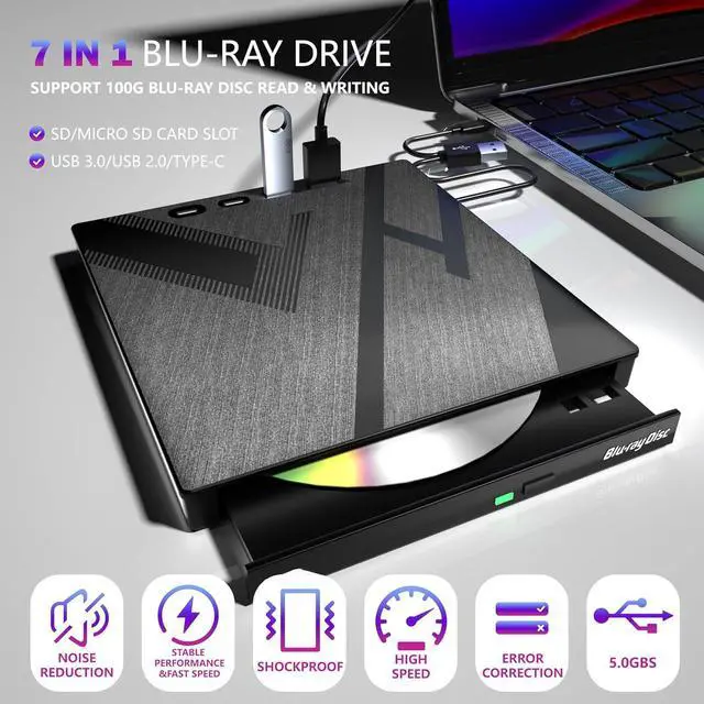 Alt view image 2 of 7 - 7 in 1 External Blu-ray Drive, USB 3.0 Type-C Optical External Blueray/DVD Drive Burner with SD/TF Port, Support 100G Bluray Disc R/W for PC Compatible with Windows XP/7/8/10/11 Mac Laptop Desktop