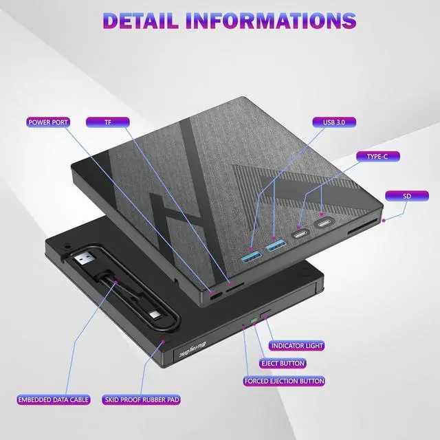 Alt view image 4 of 7 - 7 in 1 External Blu-ray Drive, USB 3.0 Type-C Optical External Blueray/DVD Drive Burner with SD/TF Port, Support 100G Bluray Disc R/W for PC Compatible with Windows XP/7/8/10/11 Mac Laptop Desktop