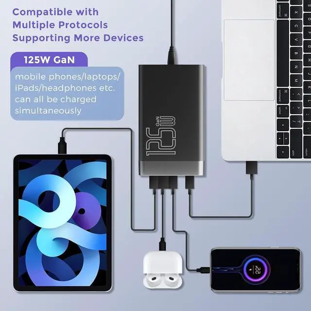 Alt view image 3 of 7 - 125W GaN 5-Port USB Charger, USB Fast Charging Station, Multi Ports USB Charging Hub with LED Display, Compatible with i-Phone15/14/Pro/13/12,Ga-laxy S23/S22/S21, Note 20 Ultra, L-G, H-T-C, and More