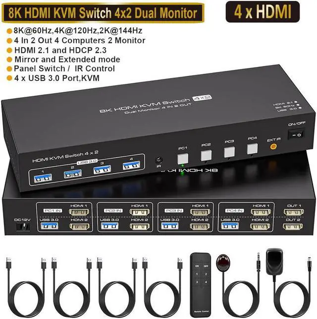 Main image of Dual Monitor HDMI KVM Switch 4 Computers 2 Monitors 8K@60Hz 4K@120Hz 4 Port KVM Switches for 4 PC Share 4 USB 3.0 Devices Support Copy and Extend Mode Includes Remote Control and Power Adapter