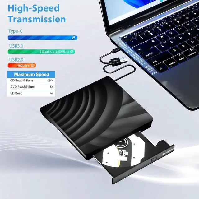 Alt view image 4 of 7 - External Blu Ray CD DVD Drive, USB 3.0 Type-C Portable 3D Bluray CD DVD Reader Slim Optical Bluray DVD Drive for Mac-Book Laptop Desktop PC Laptop Compatible with Mac OS Windows XP/7/8/10/11