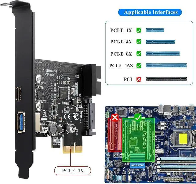 Alt view image 2 of 7 - PCI-E 1X to USB 3.2 Gen1 5Gbps 2 Ports Expansion Card (Type C+ Type A), with 19PIN USB 3.0 Interface + 15PIN SATA Power Connector, USB C PCIE Card Supports Windows 10/8/7/Linux