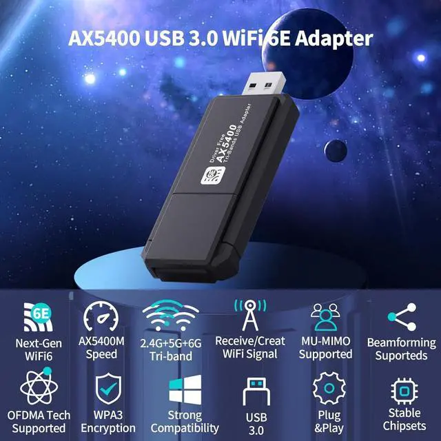 Alt view image 3 of 7 - WiFi 6E Wireless Adapter, USB 3.0 WiFi Adapter for PC, AX5400M 802.11AX, Tri-Band 6GHz/5GHz/2.4GHz, WPA3, Wireless USB WiFi Dongle Network Adapter for PC Laptop, Only Compatible with Windows 11/10