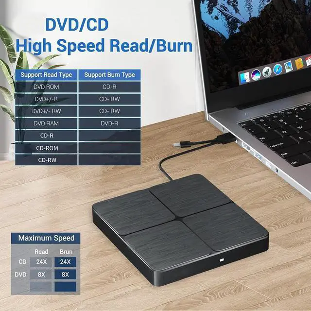 Alt view image 2 of 6 - External CD DVD Drive, USB 3.0 and Type-C Portable External CD Burner DVD Drive Slim CD DVD +/-RW Reader Player, External CD/DVD Optical Drive for Mac,PC,Laptop,Desktop,MacOS,Windows XP/7/8/10/11