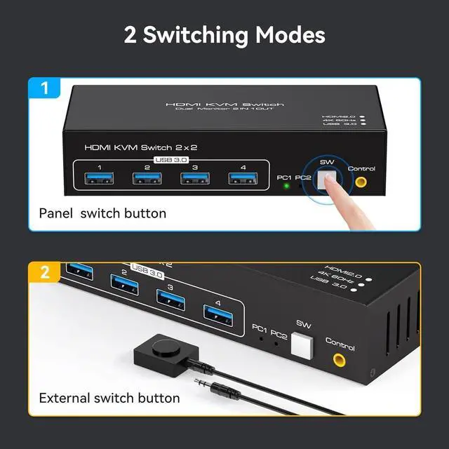 Alt view image 5 of 7 - 2 Port HDMI Dual Monitor KVM Switch 2 Monitors 2 Computers 4K@60Hz, USB 3.0 KVM Switches for 2 PC or Laptops Share 1 Set of Keyboard Mouse Printer and Scanner Support Extended & Duplicate Mode