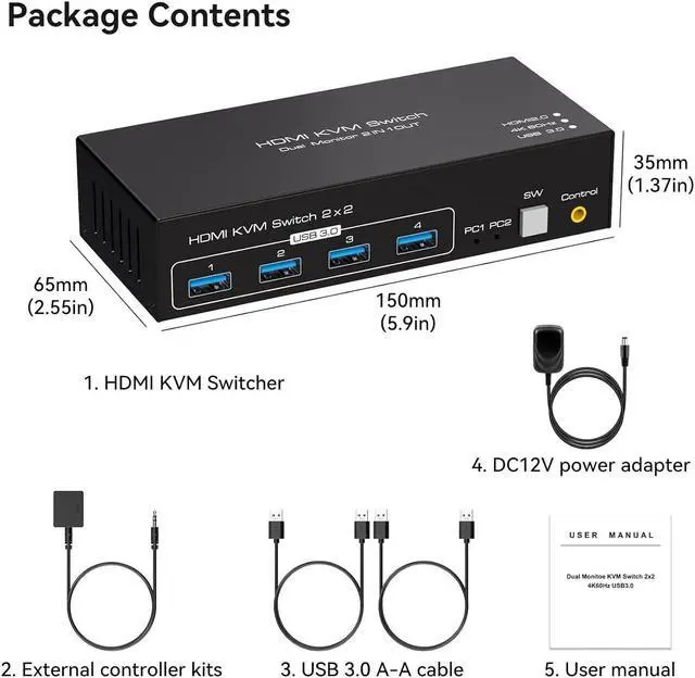Alt view image 7 of 7 - 2 Port HDMI Dual Monitor KVM Switch 2 Monitors 2 Computers 4K@60Hz, USB 3.0 KVM Switches for 2 PC or Laptops Share 1 Set of Keyboard Mouse Printer and Scanner Support Extended & Duplicate Mode