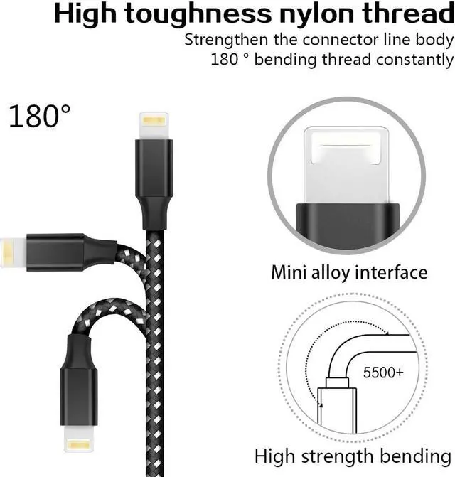 Alt view image 2 of 7 - iPhone Charger Cable 3Pack 6FT/1.8M Lightning Cable Extra Long Nylon Braided Fast Charging & Sync iPhone Cord Compatible with iPhone11/ XS/XR/X/8/7/6/5/SE, iPad, iPod and More (Black and White)
