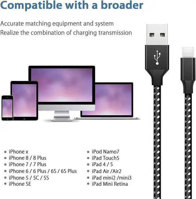 Alt view image 4 of 7 - iPhone Charger Cable 3Pack 6FT/1.8M Lightning Cable Extra Long Nylon Braided Fast Charging & Sync iPhone Cord Compatible with iPhone11/ XS/XR/X/8/7/6/5/SE, iPad, iPod and More (Black and White)