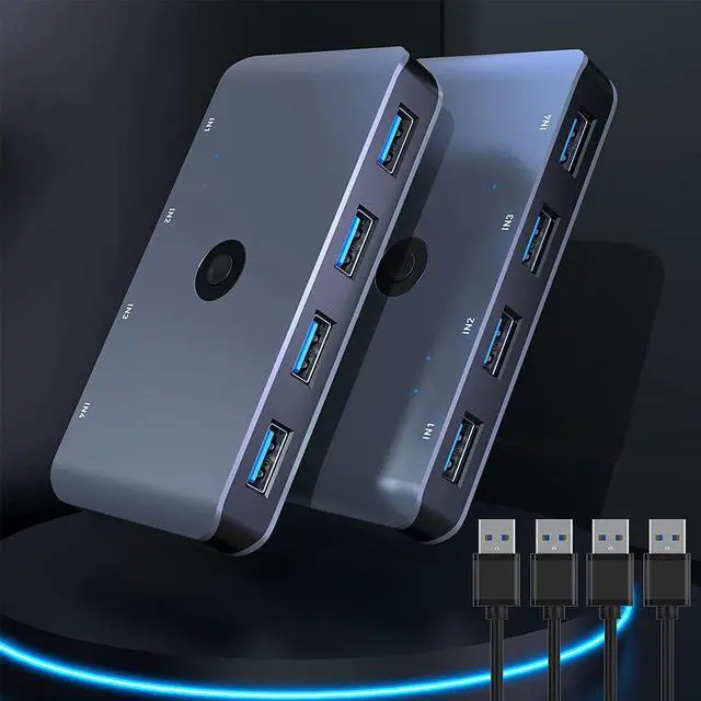 Main image of USB 3.0 Switcher Selector, Aluminum KVM Switcher 4 Computers Sharing 4 USB Devices USB 3.0 Peripheral Switcher Box 4 in 4 Out for Printer,Mouse,Scanner with One-Button Swapping and 4 Pack Male Cable