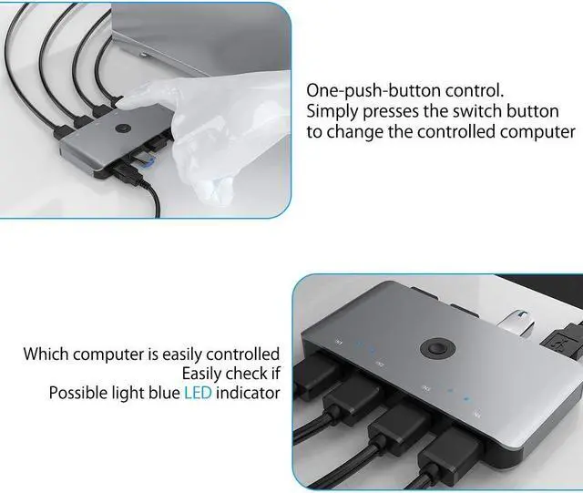 Alt view image 6 of 7 - USB 3.0 Switcher Selector, Aluminum KVM Switcher 4 Computers Sharing 4 USB Devices USB 3.0 Peripheral Switcher Box 4 in 4 Out for Printer,Mouse,Scanner with One-Button Swapping and 4 Pack Male Cable