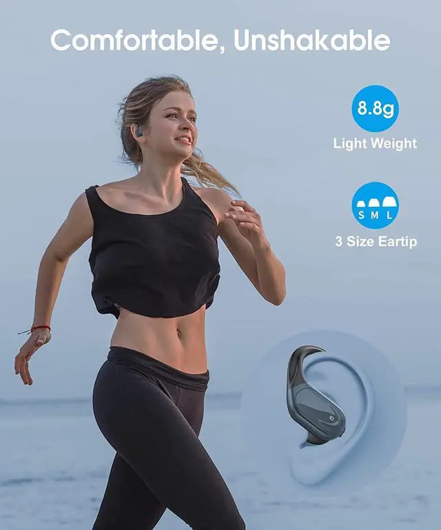Alt view image 7 of 7 - Ture Wireless Earbuds, Bluetooth 5.2 Headphones, 60Hrs Playback HD Stereo Audio LED Display, Over-Ear IPX7 Waterproof TWS Earphones with Earhooks, Built-in Mic, Type-C, for Sports (Black)